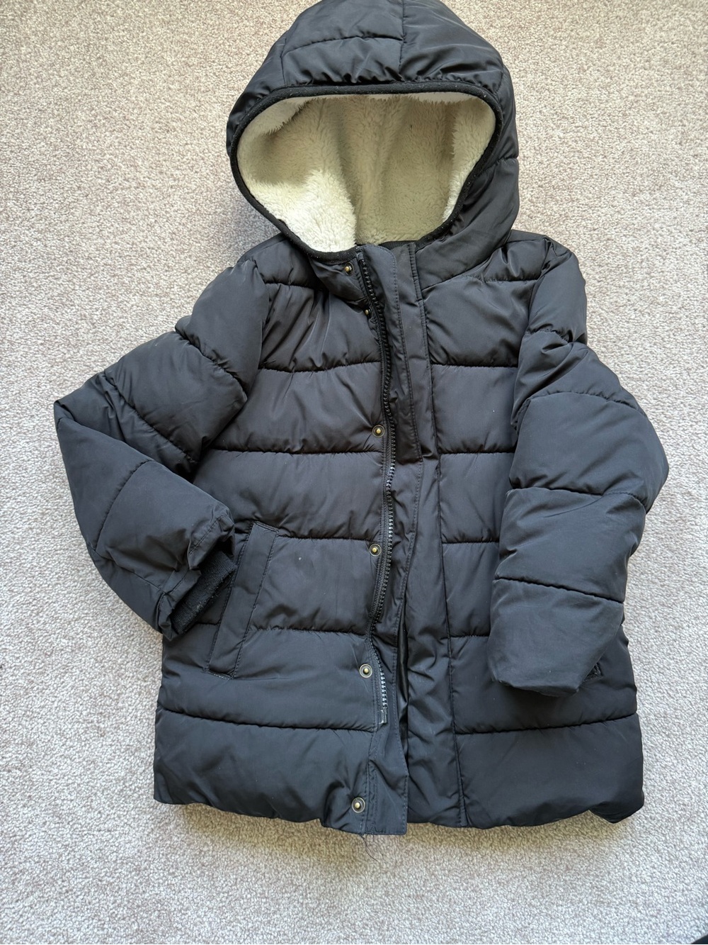 Primary Black Hooded Puffer Coat with Cream Sherpa Lining